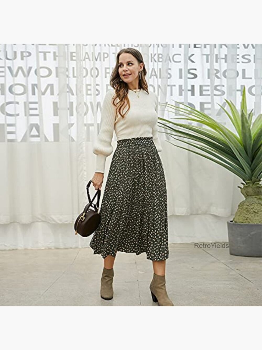 High Waist Polka Dot Pleated Maxi Midi Skirt with Pockets - Picture 2 of 7